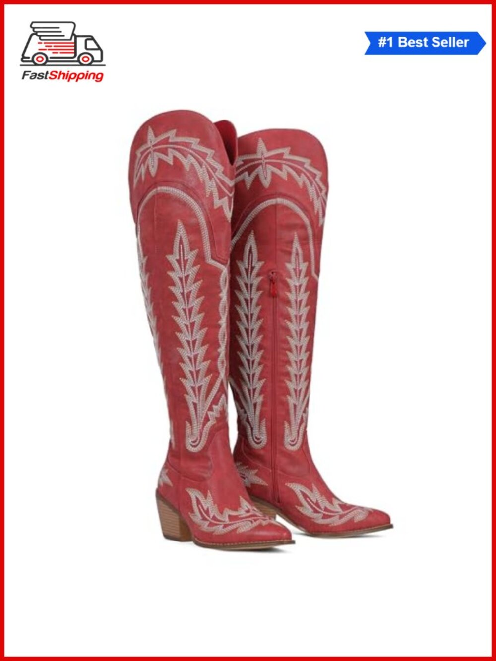 Wide Calf Embroidered Western Knee High Boots Pointed Toe Side Zip